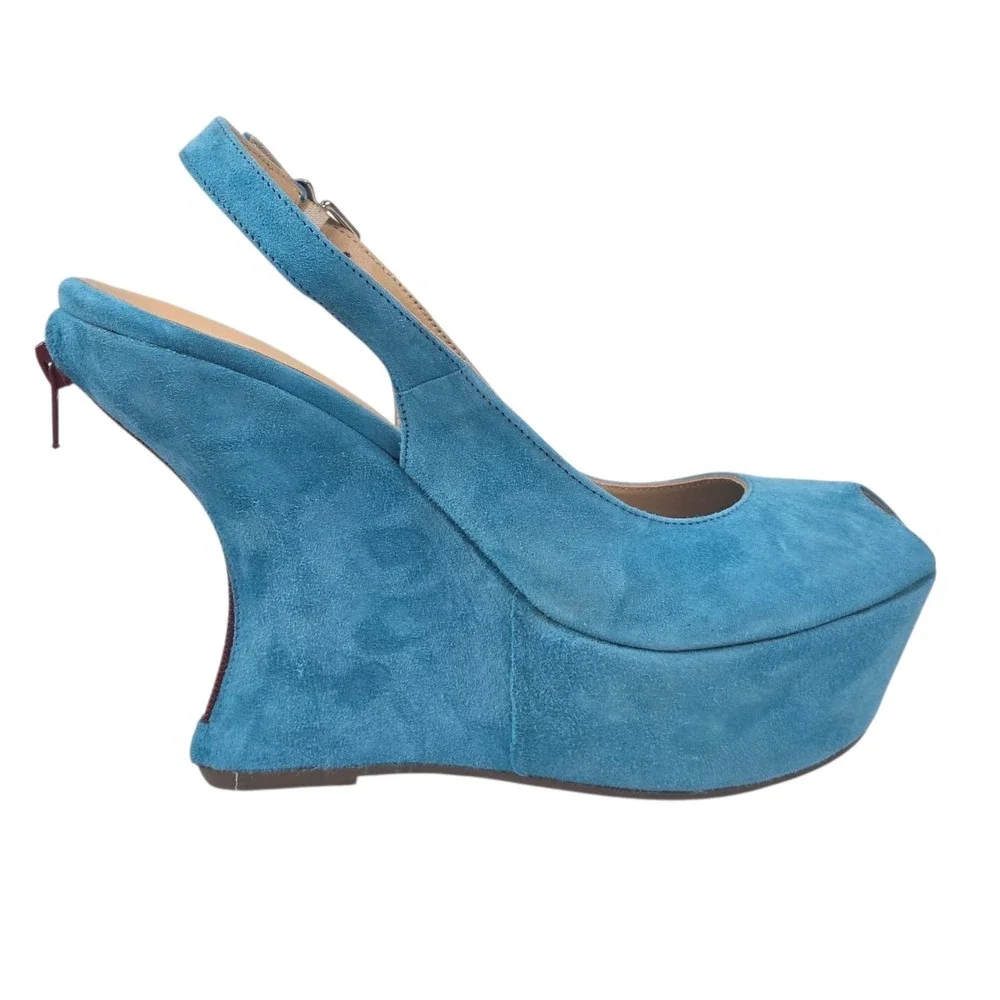 Luxury Turquoise Suede Peep-toe Platform Slingback Wedge Sandal Size 38 NIB $458